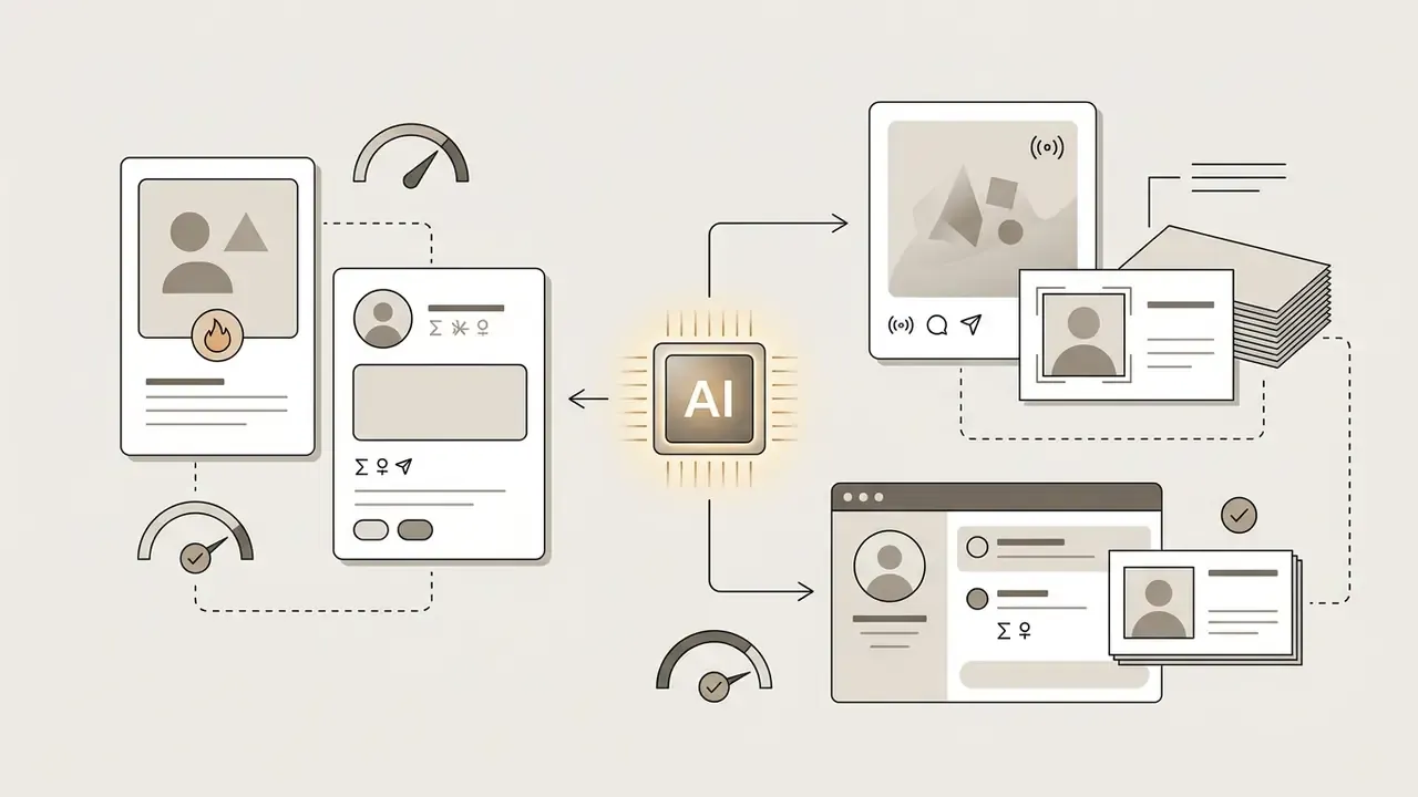 Central AI processor connecting user profile inputs to generated social media and business card layouts