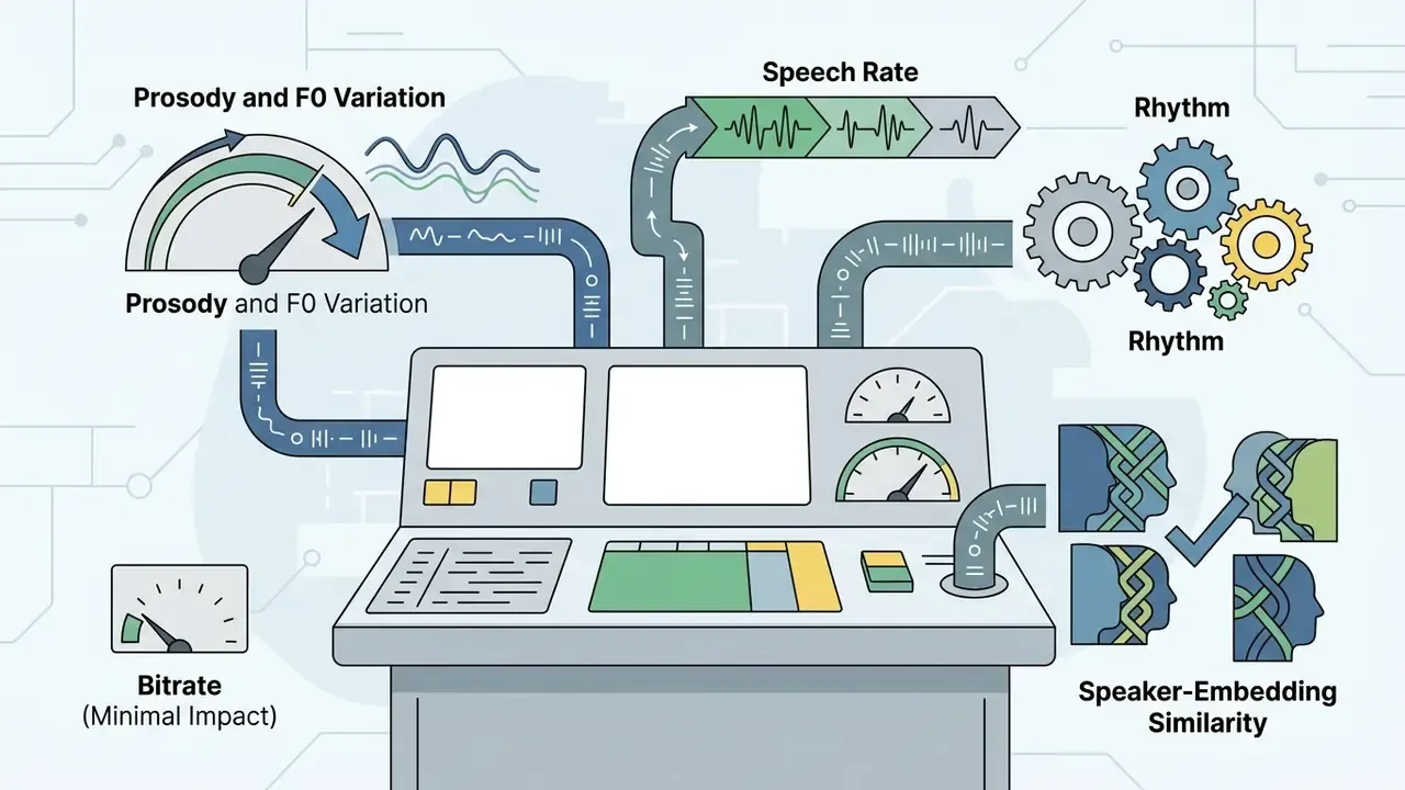 Control console with pipes representing prosody, speech rate, rhythm, and speaker-embedding similarity