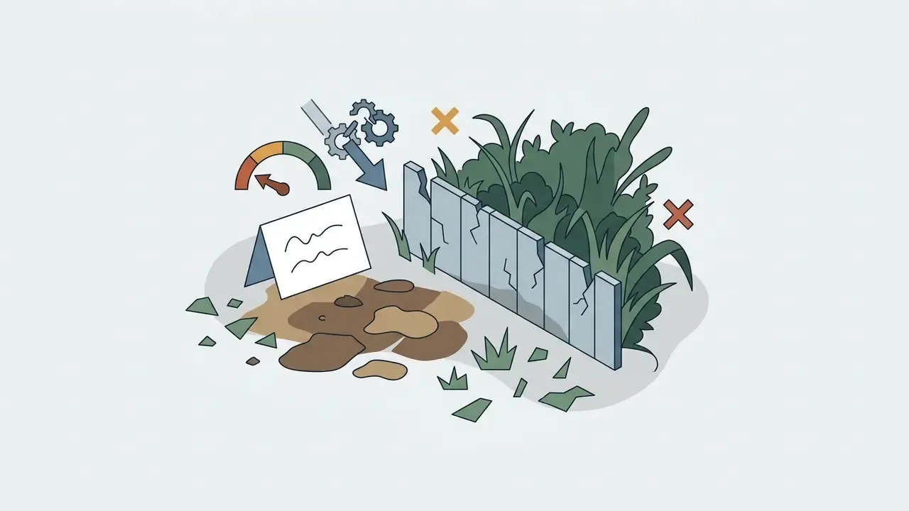 Unmaintained backyard with patchy turf, broken fencing, and raw soil marked by negative feedback icons