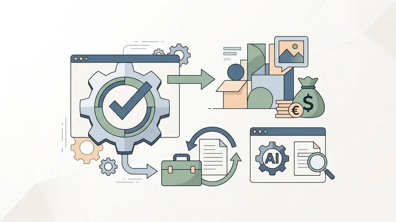 Gear with a checkmark leading to financial assets, a briefcase, and an AI software audit interface