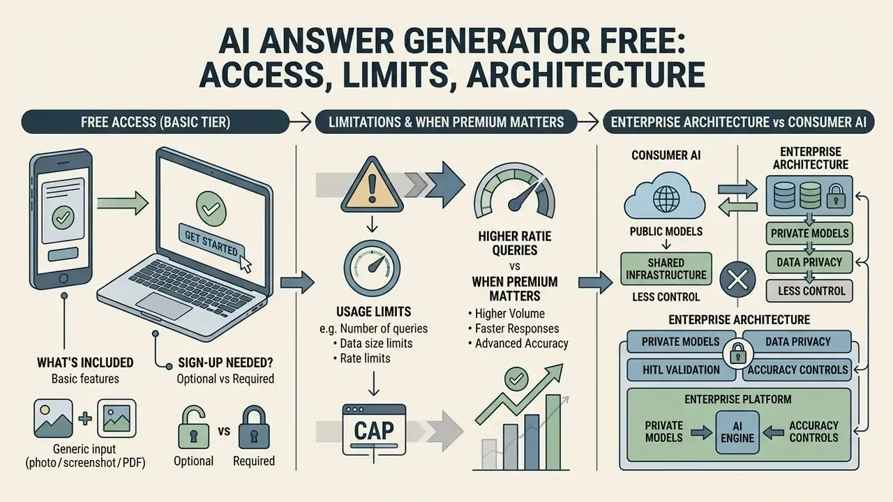 Comparison of free AI access tiers, usage limitations, and consumer versus enterprise architecture models
