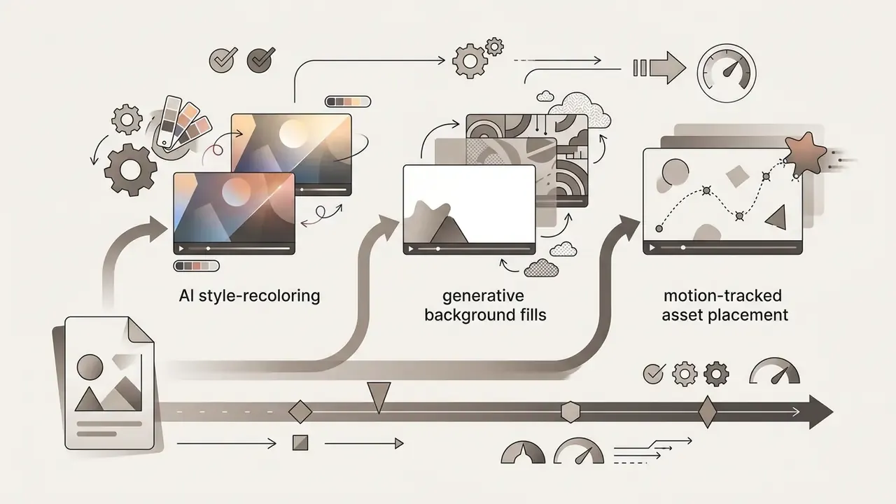 Diagram showing AI processes for style-recoloring, generative background fills, and motion-tracked assets