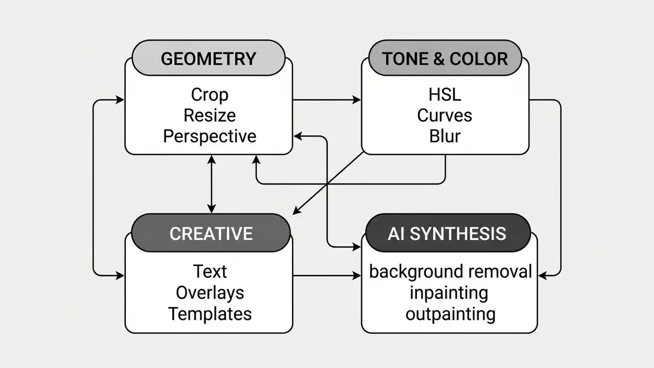 Diagram of four interconnected functional nodes for geometry, tone, color, creative, and AI synthesis tools