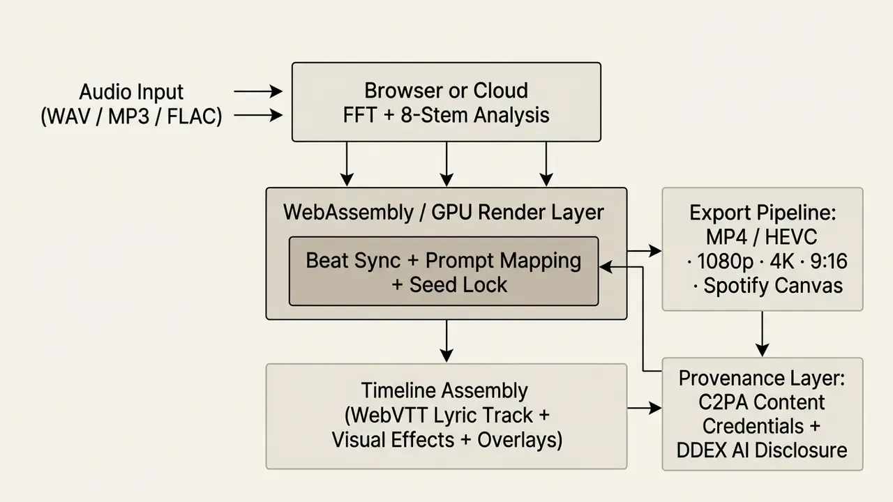 Flowchart showing the technical stages of a music video maker from audio input to final export and provenance