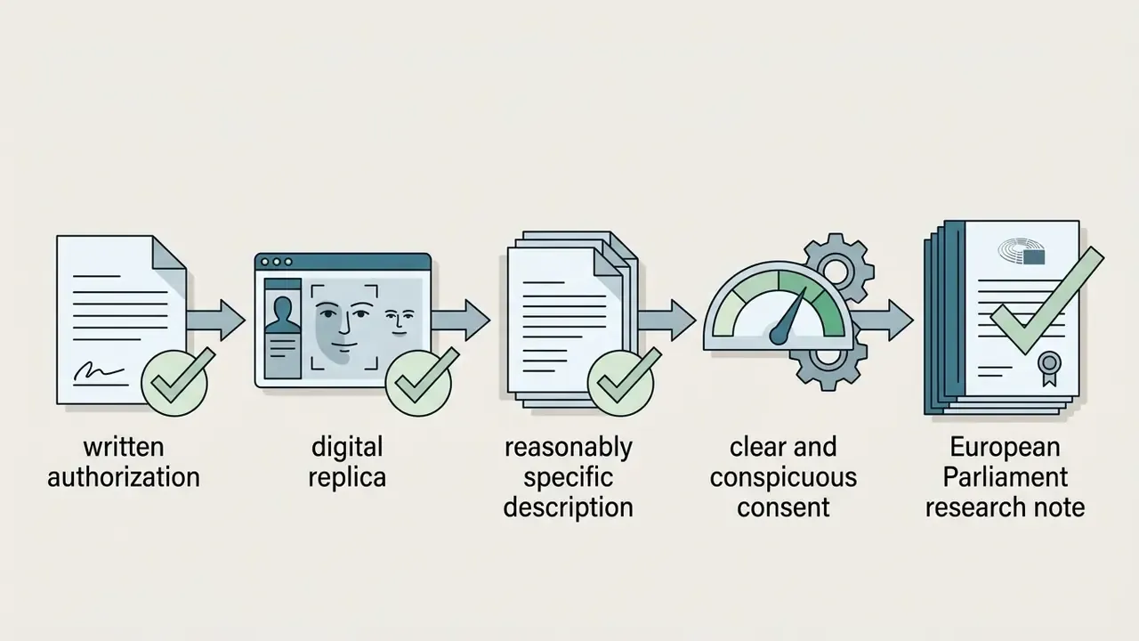 Sequence of documents and icons representing legal requirements for creating AI images of yourself