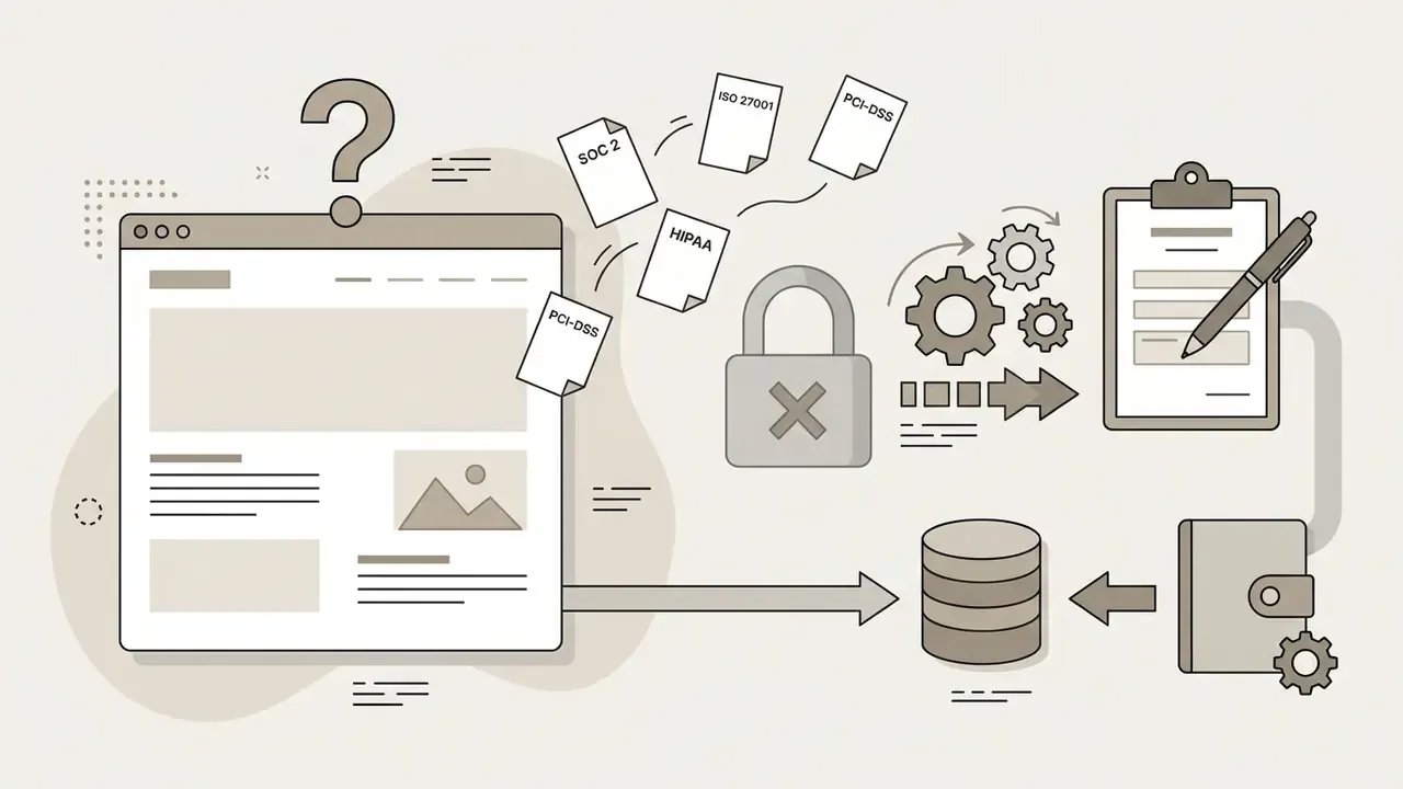 Browser window with a question mark and missing compliance documents leading to a locked data process