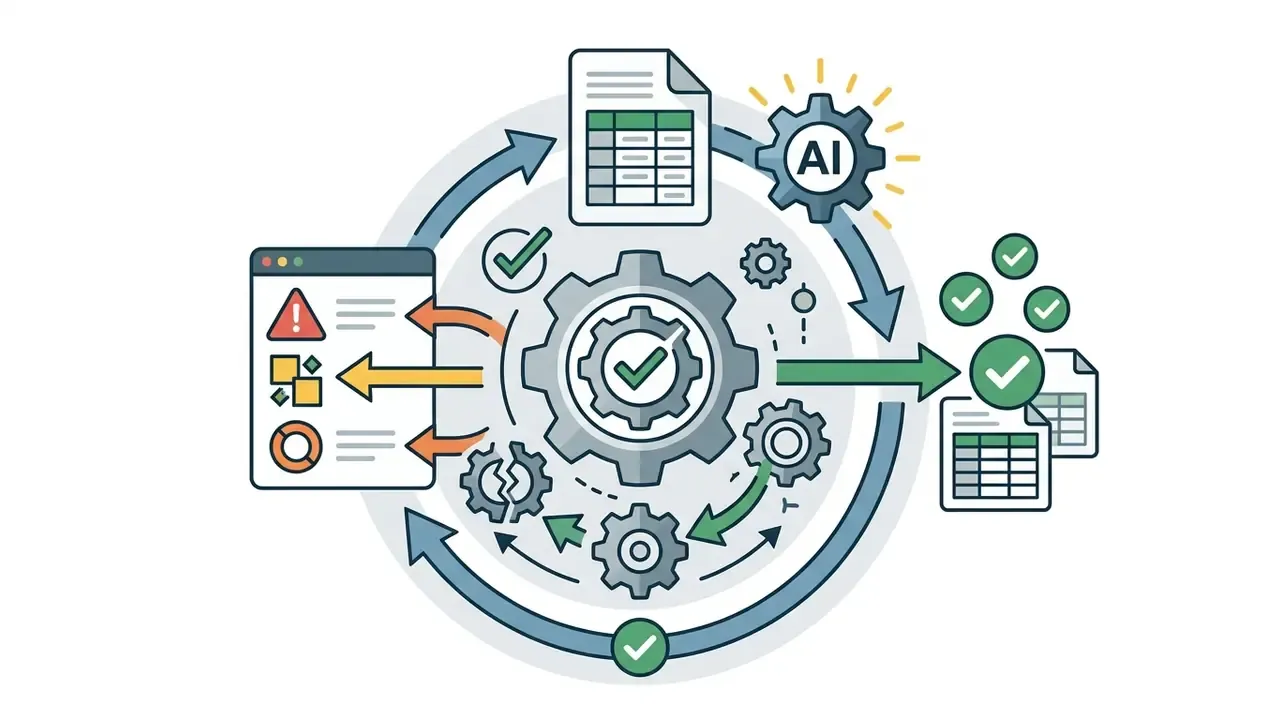Circular process where AI gears identify and resolve spreadsheet formula errors into validated tables