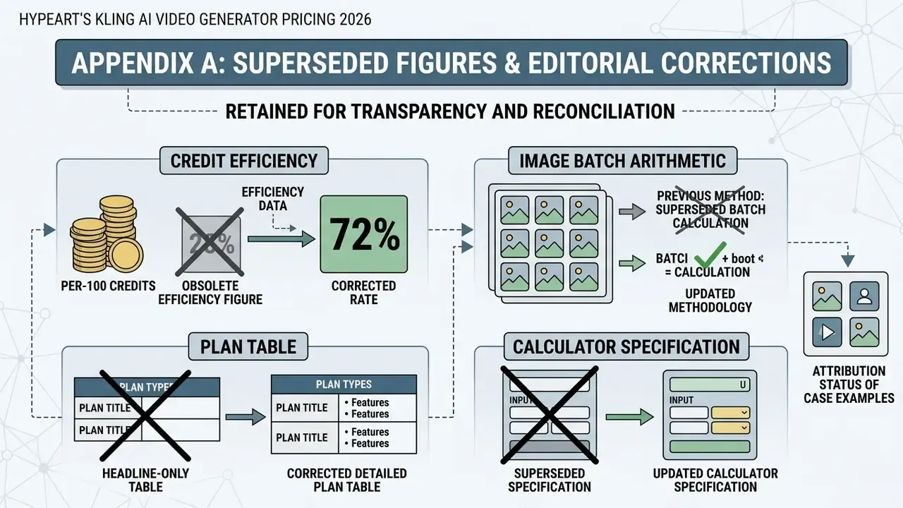 Summary of superseded Kling AI pricing metrics including credit efficiency and plan table corrections