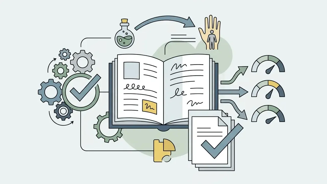 Open book surrounded by gears, a potion bottle, and gauges representing an AI fanfic generator process