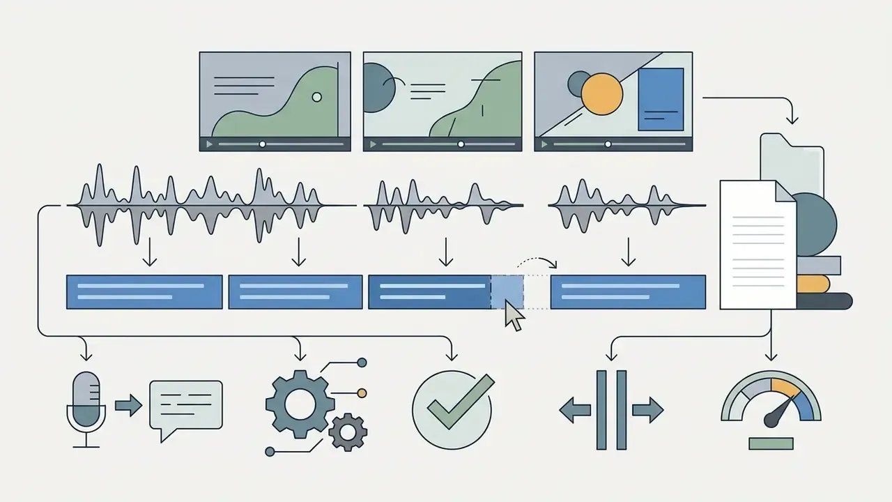 Cursor adjusting subtitle blocks along an audio waveform to align text with video speech segments