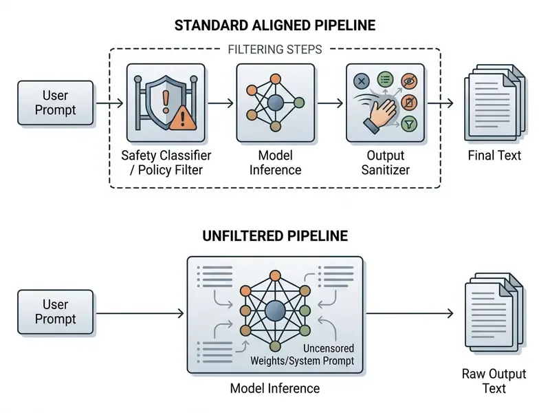 Diagram comparing a standard AI pipeline with filtering steps to an unfiltered pipeline for raw text output