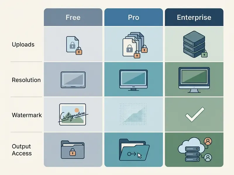 Table comparing service tiers for AI video generation across uploads, resolution, watermarks, and access