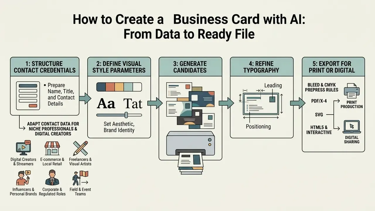 Flowchart outlining the five stages of using an AI business card generator from data to final export