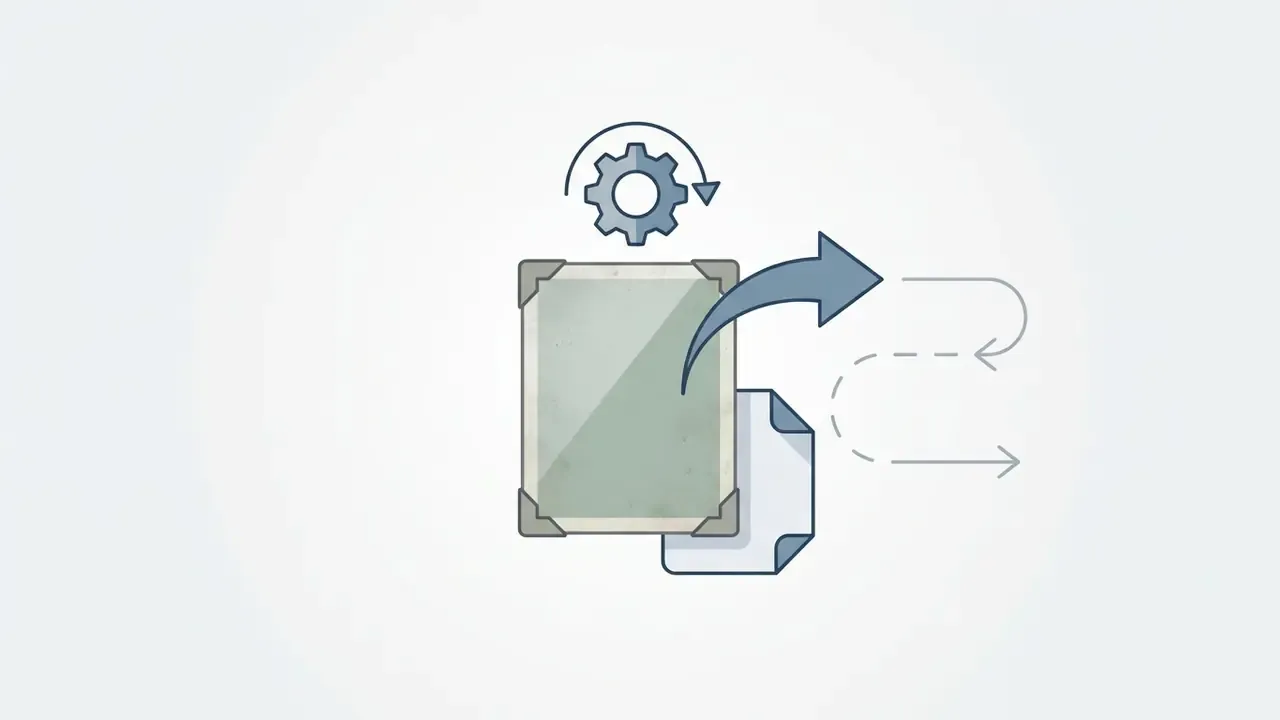 Vintage photo frame being processed by a gear icon with a curved arrow leading to a document file