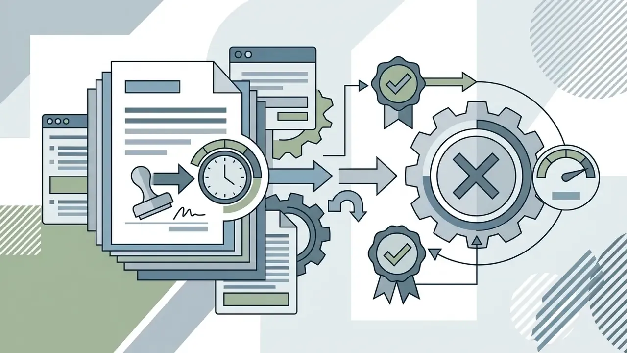 Documents with a stamp and clock icon moving through gears toward a deletion symbol and status badges