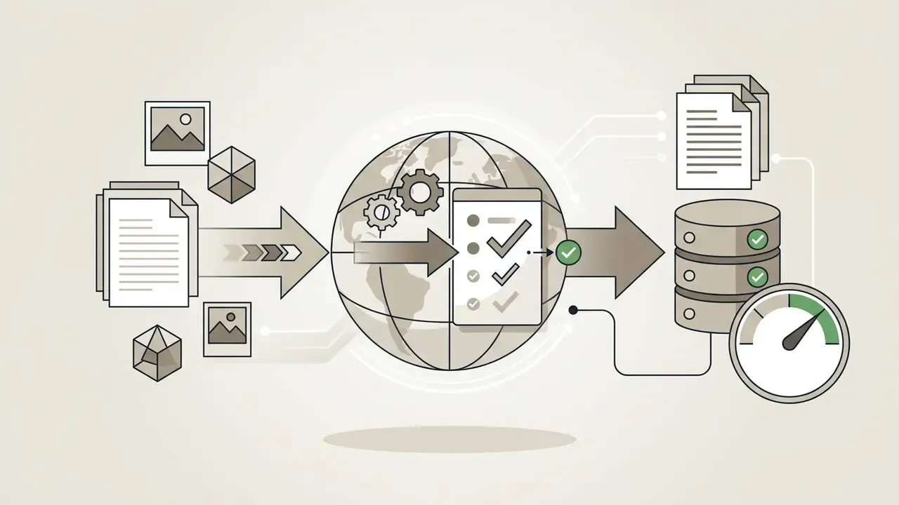 Files and images moving through a global network with a compliance checklist to reach server storage