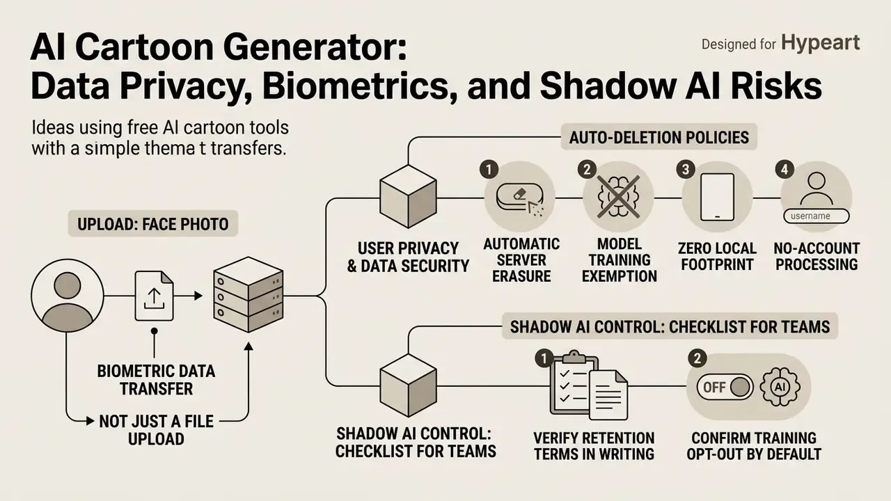 Diagram showing biometric data transfer risks and a checklist for managing shadow AI security policies