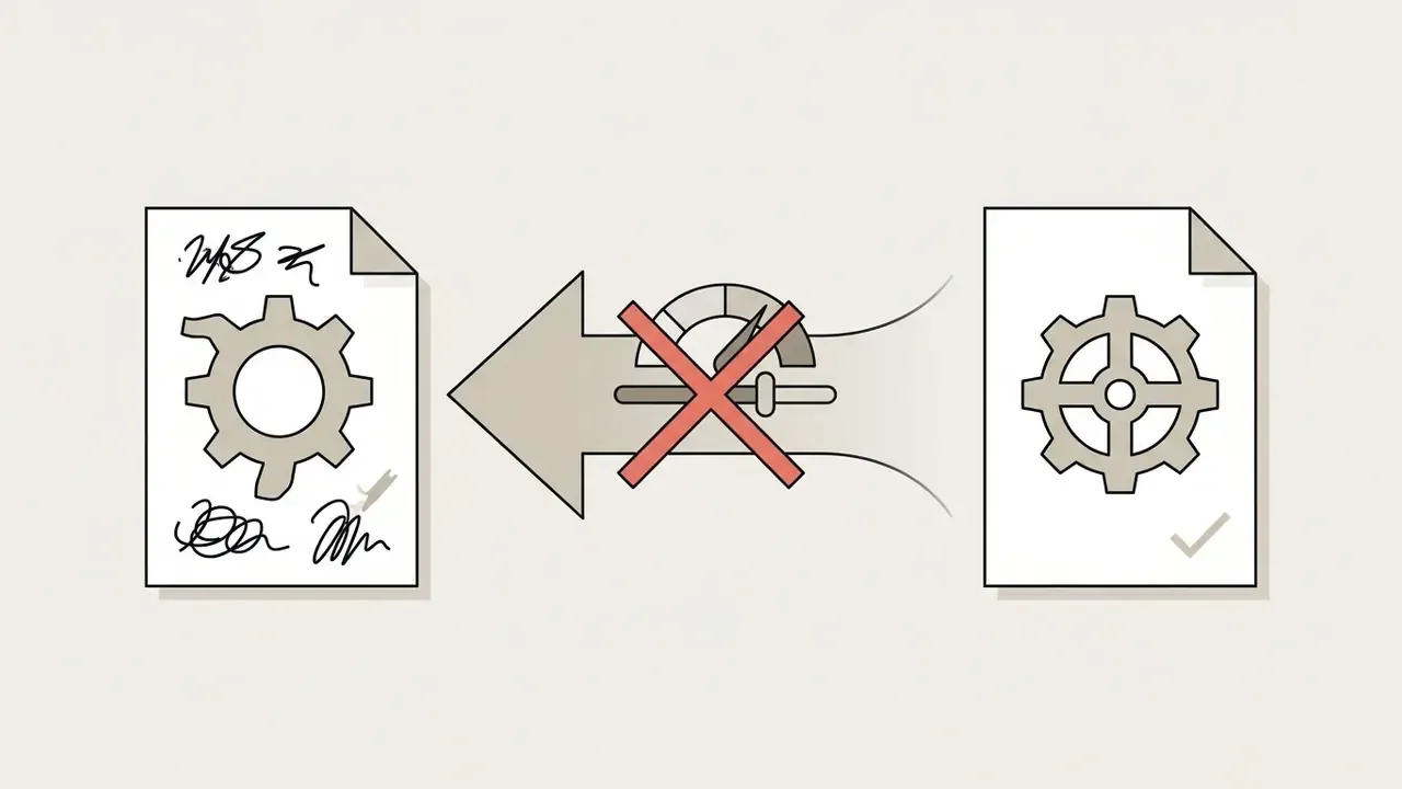 Arrow pointing left with a red cross over a gauge icon between two documents with gear symbols