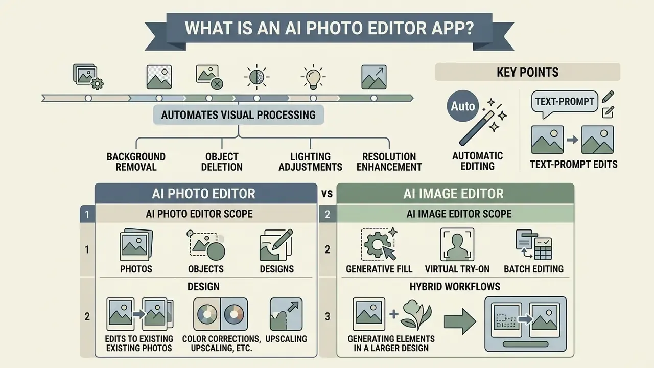 Infographic comparing automated photo editing tasks, text-prompt features, and hybrid design workflows