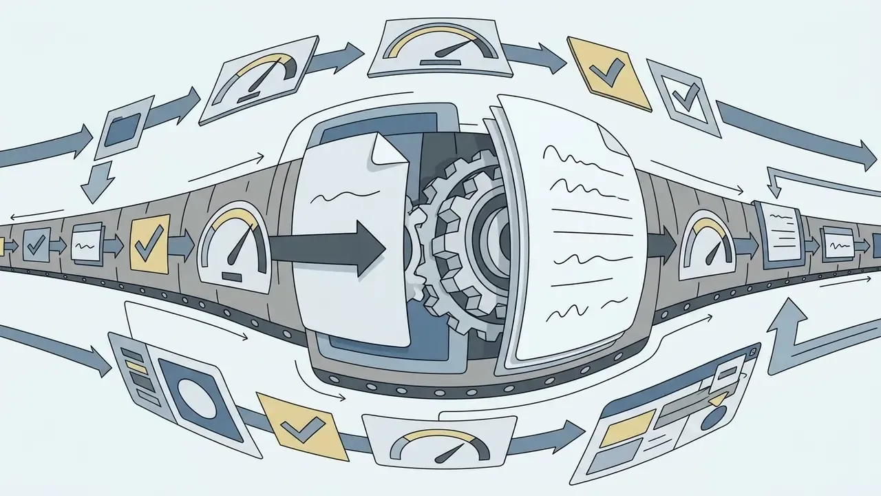Fisheye view of gears and documents moving along a conveyor belt with speed gauges and checkmark icons