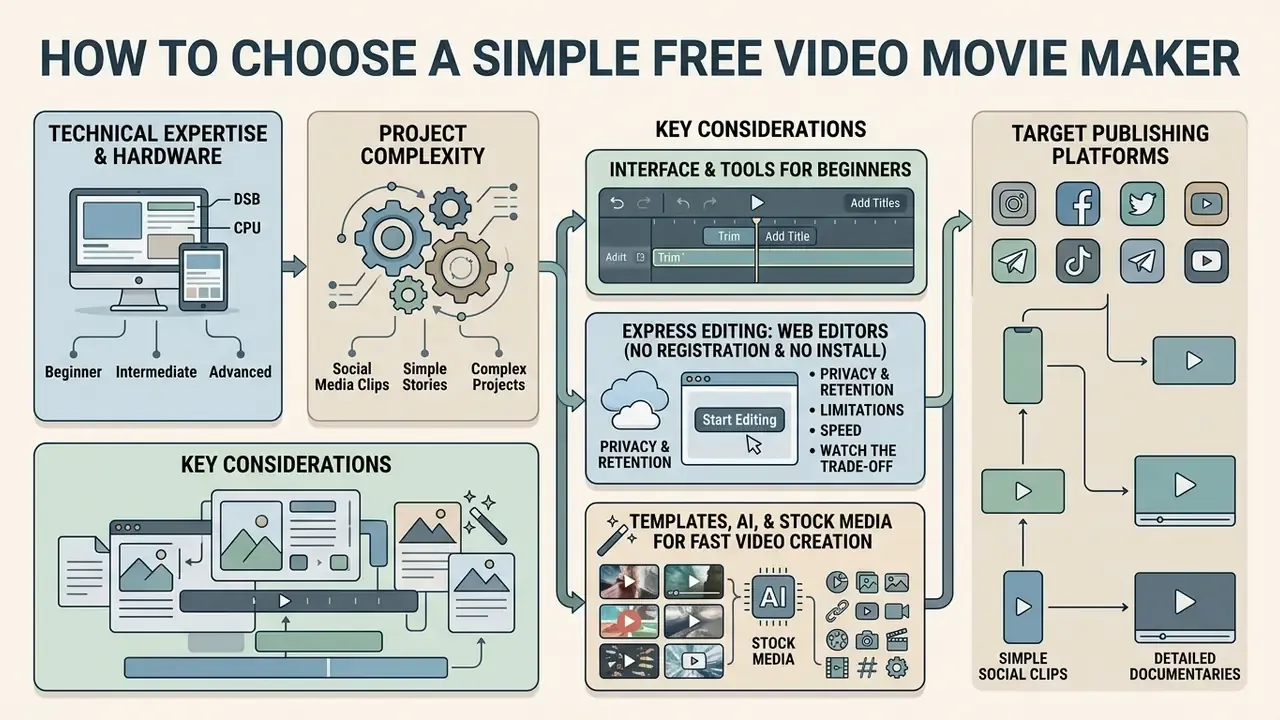 Diagram outlining factors like hardware, project complexity, and publishing platforms for video editors