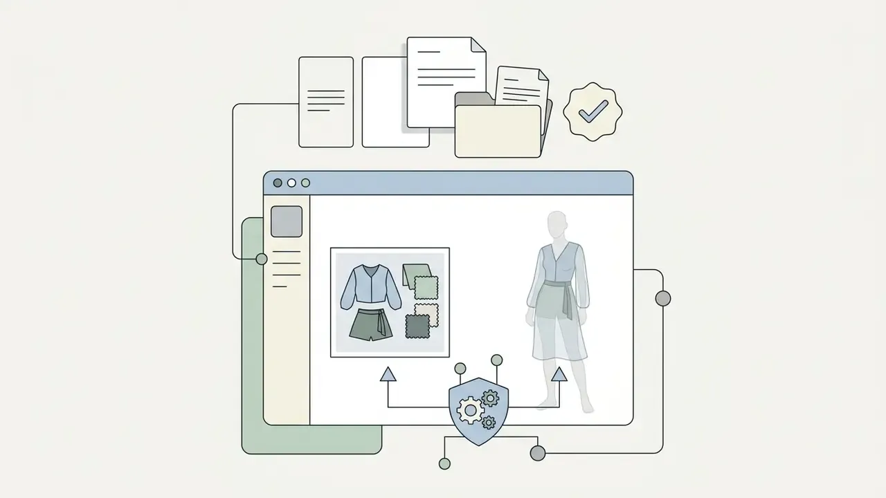 Software interface showing flat lay clothing assets being processed into an AI fashion model preview