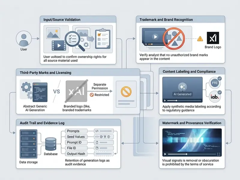 Checklist diagram outlining legal requirements for commercial video asset generation and compliance