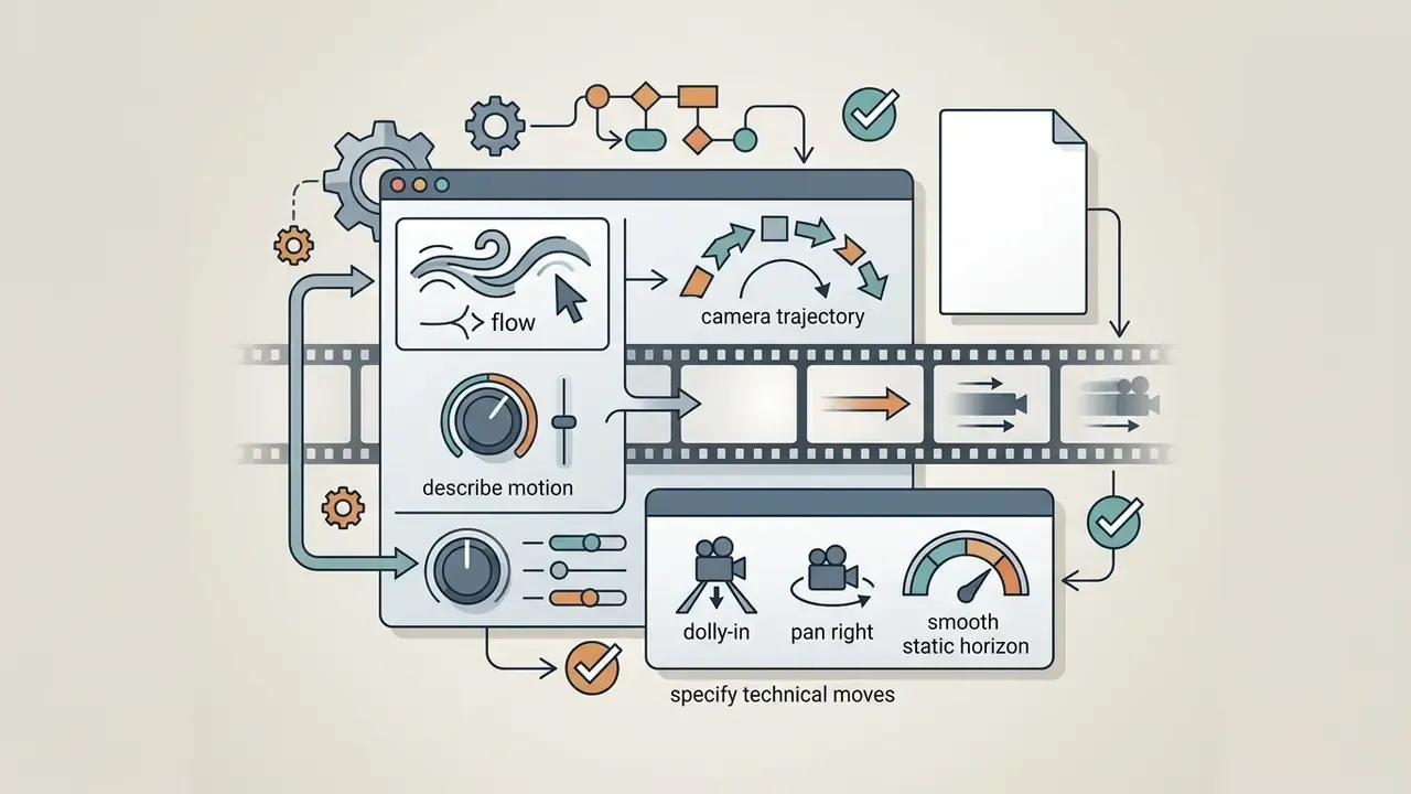 Digital interface showing motion flow settings and camera trajectory controls for film strip animation