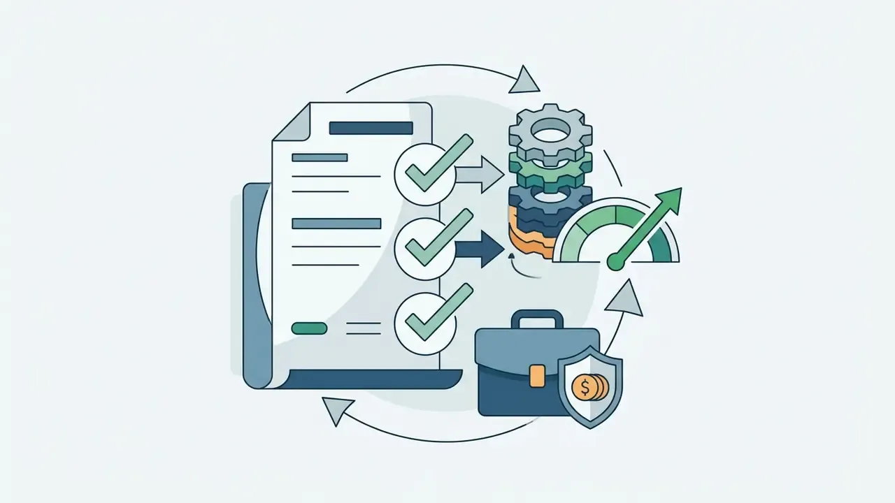 Document with checkmarks feeding into a gear mechanism and a briefcase icon within a circular process loop