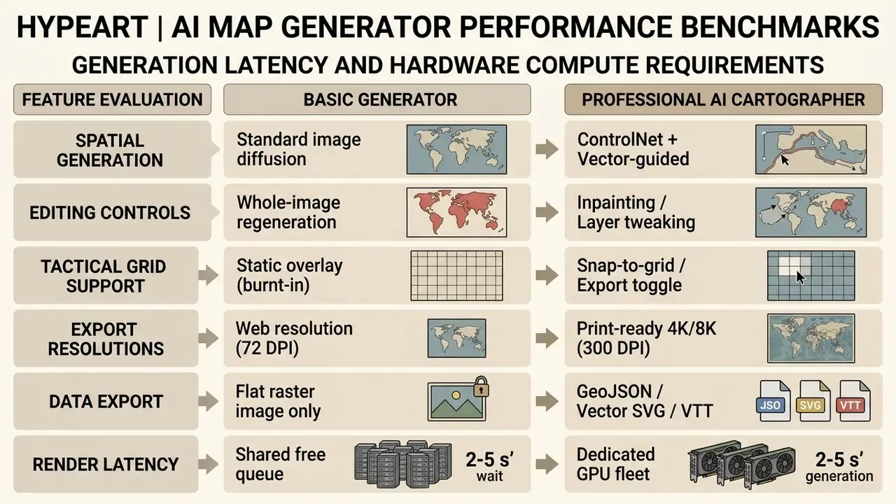 Comparison table contrasting basic and professional fantasy map generator AI features and hardware needs
