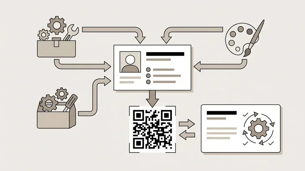 Toolboxes and design tools feeding data into a business card that links to a dynamic QR code