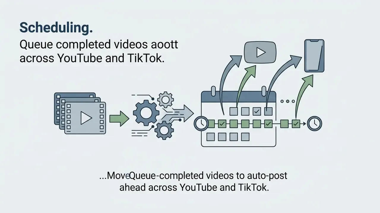 Video files moving through a gear processor into a calendar queue for automated social media publishing