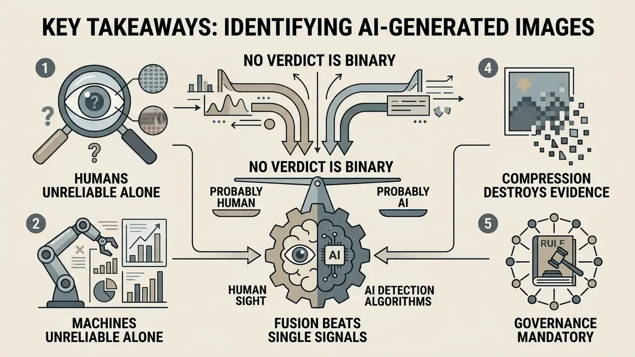 Infographic showing how human analysis and AI detection algorithms combine to verify digital content