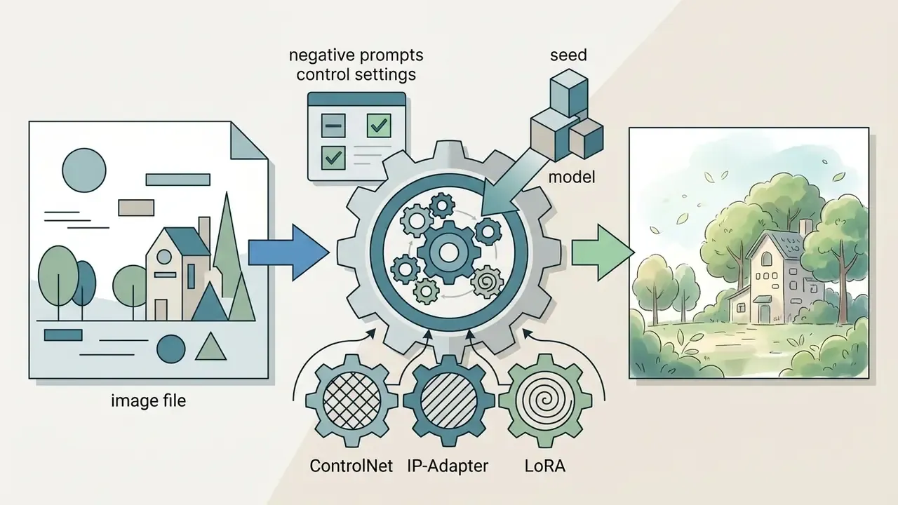 Gear mechanism processing an image file with ControlNet, IP-Adapter, and LoRA to create anime art