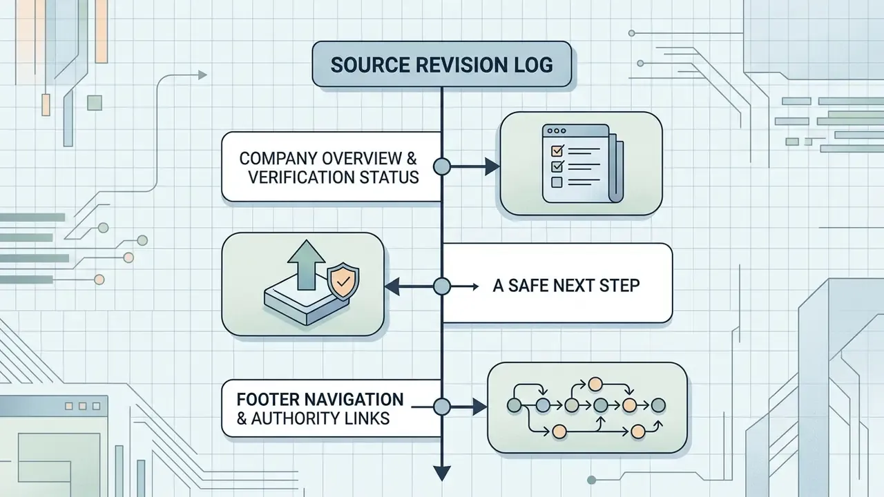 Vertical timeline showing company overview, verification status, safe next steps, and navigation links