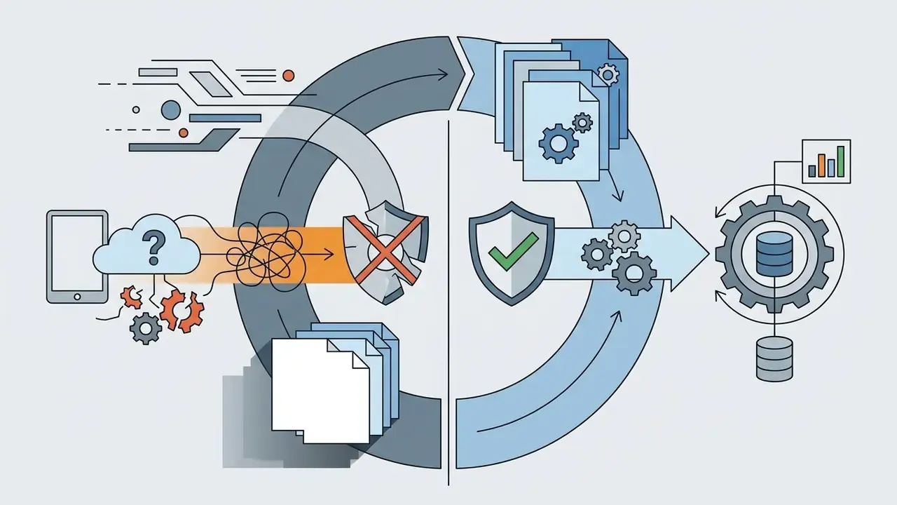 Documents moving from a chaotic cloud path into a structured gear system with compliance shields