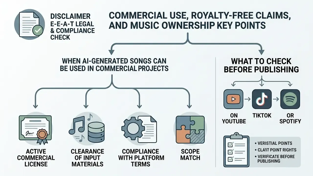Flowchart outlining legal requirements and publishing checks for commercial use of AI generated music