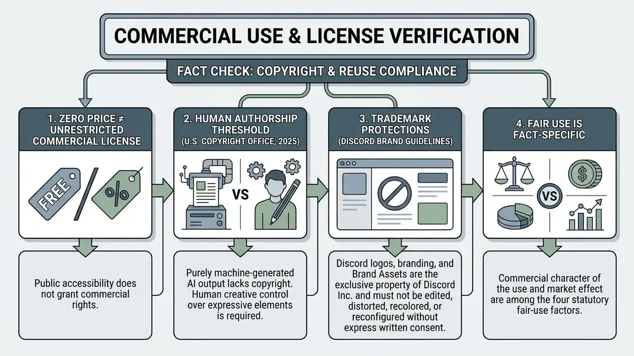 Four-step flowchart outlining legal considerations for commercial use of digital assets and branding