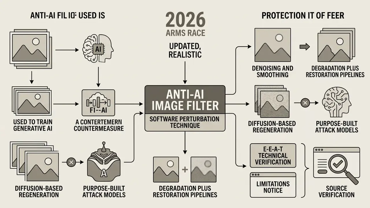 Flowchart showing how an anti AI filter uses software perturbations to disrupt generative model training