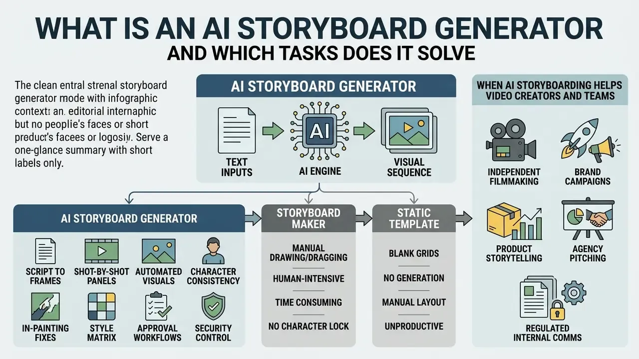 Infographic showing how an AI storyboard generator converts text into visual sequences for various projects