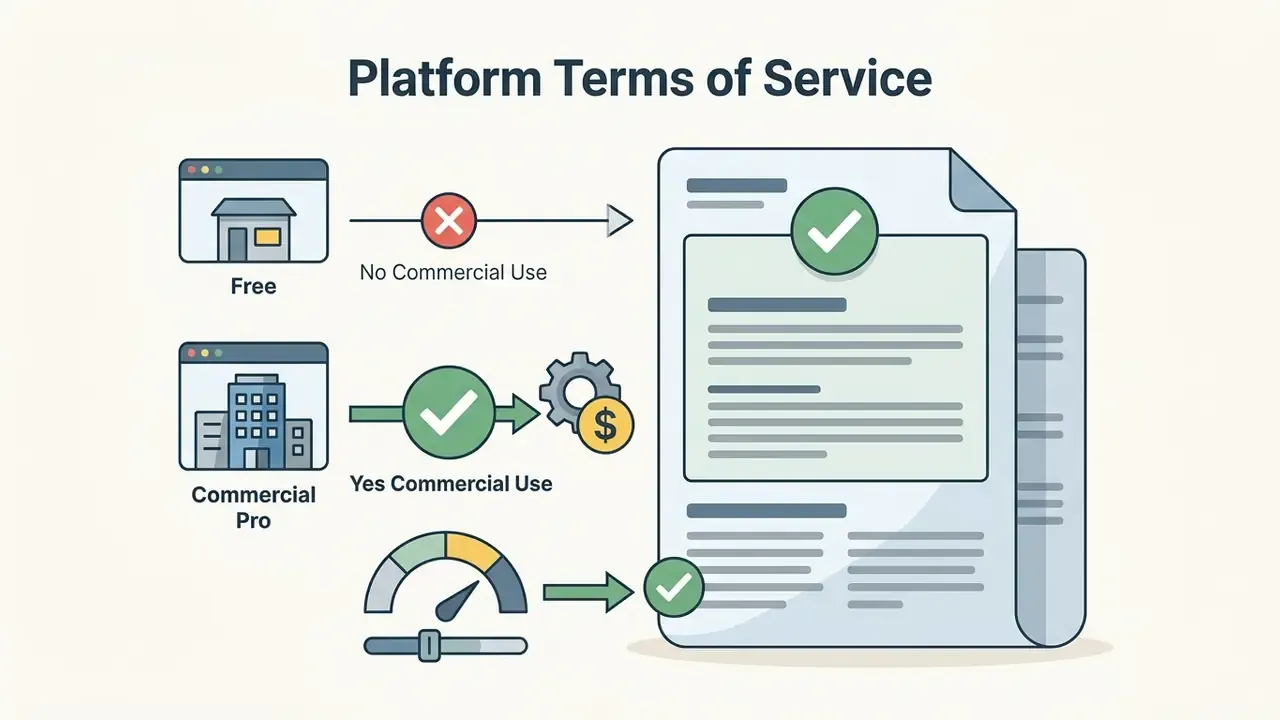 Free and commercial subscription tiers pointing toward legal terms with usage status icons
