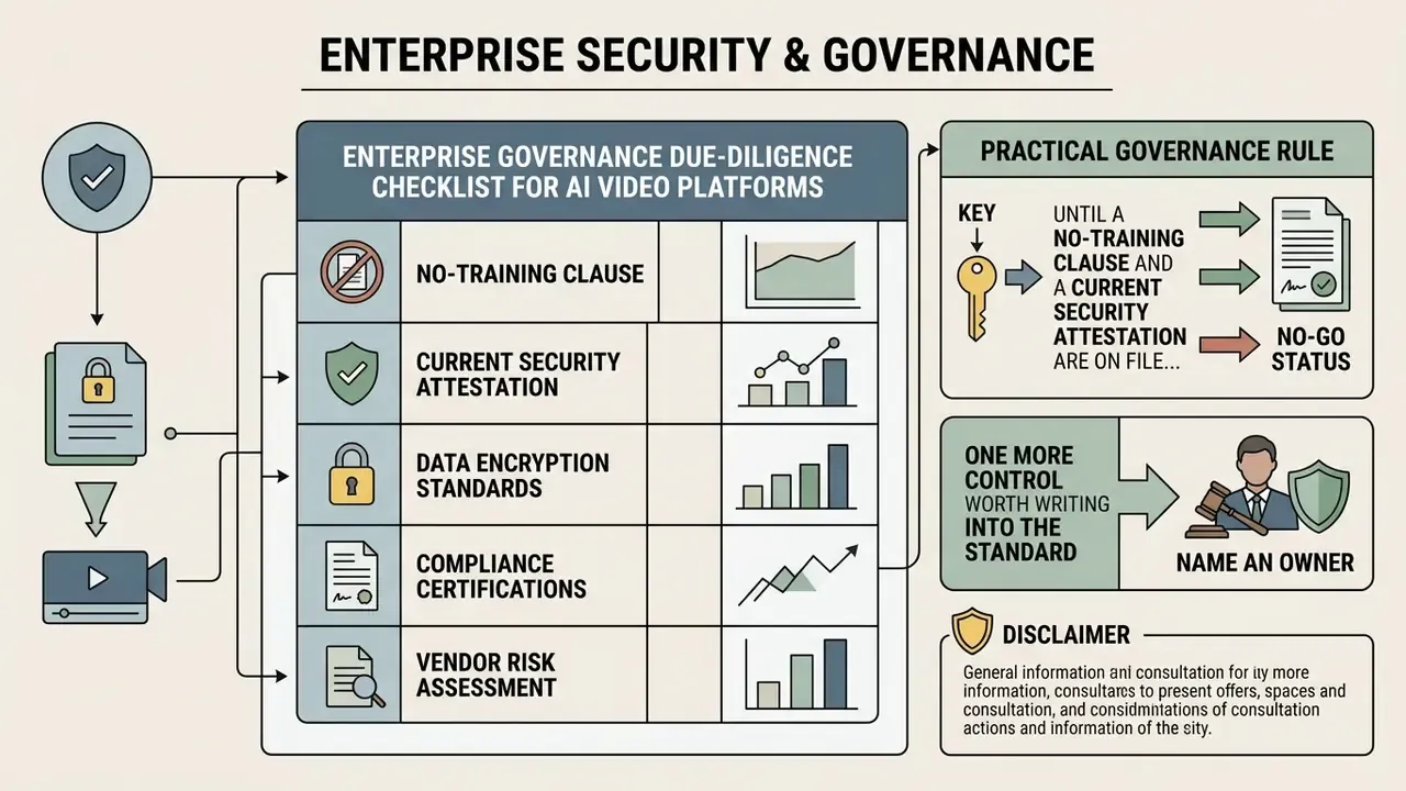 Checklist for AI video platform governance including security attestation and data compliance controls