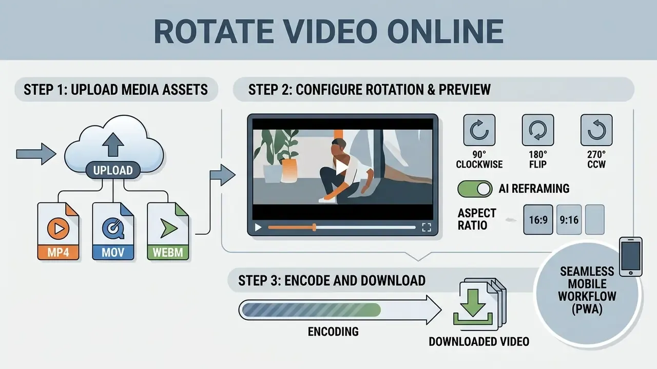 Infographic showing the three steps to upload, adjust, and export video files for mobile devices