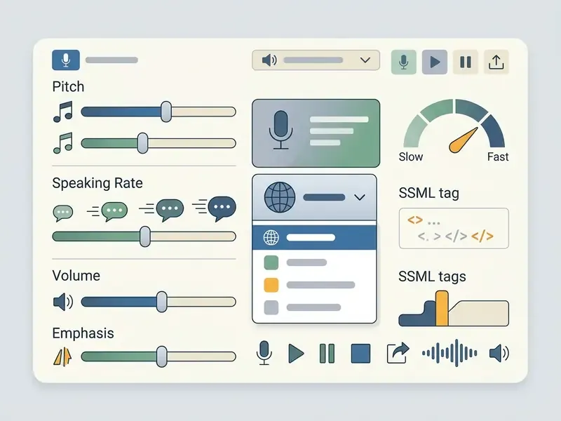 Digital interface featuring sliders for pitch and speed alongside language selection and SSML tag inputs