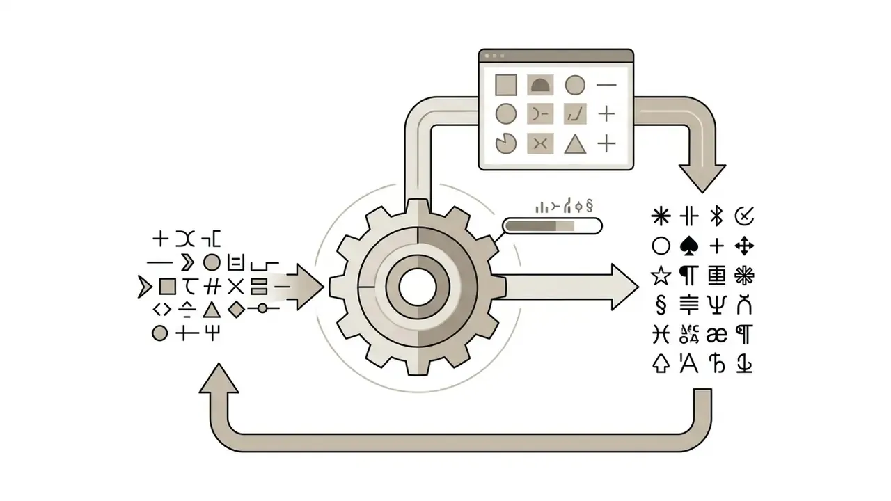 Diagram showing a gear processing input symbols into stylized Unicode characters via a software interface