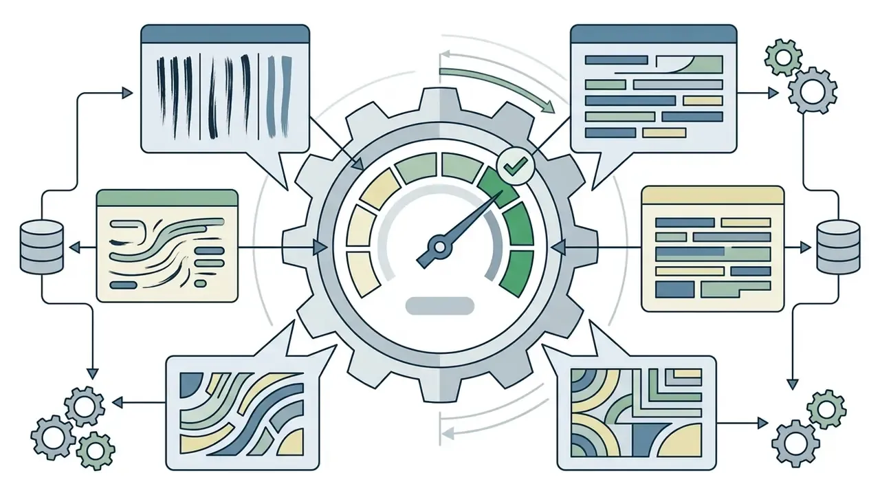 Central speedometer gear surrounded by data panels, storage icons, and mechanical gears in a workflow