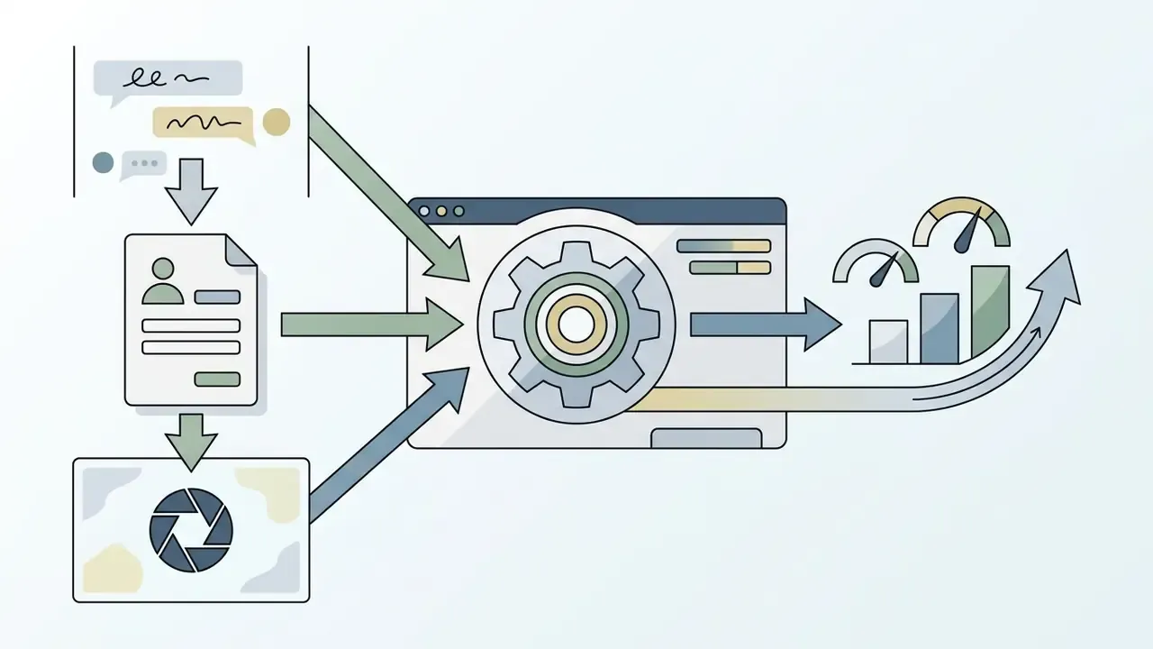Diagram showing chat history, profile data, and image inputs feeding into a central processing gear