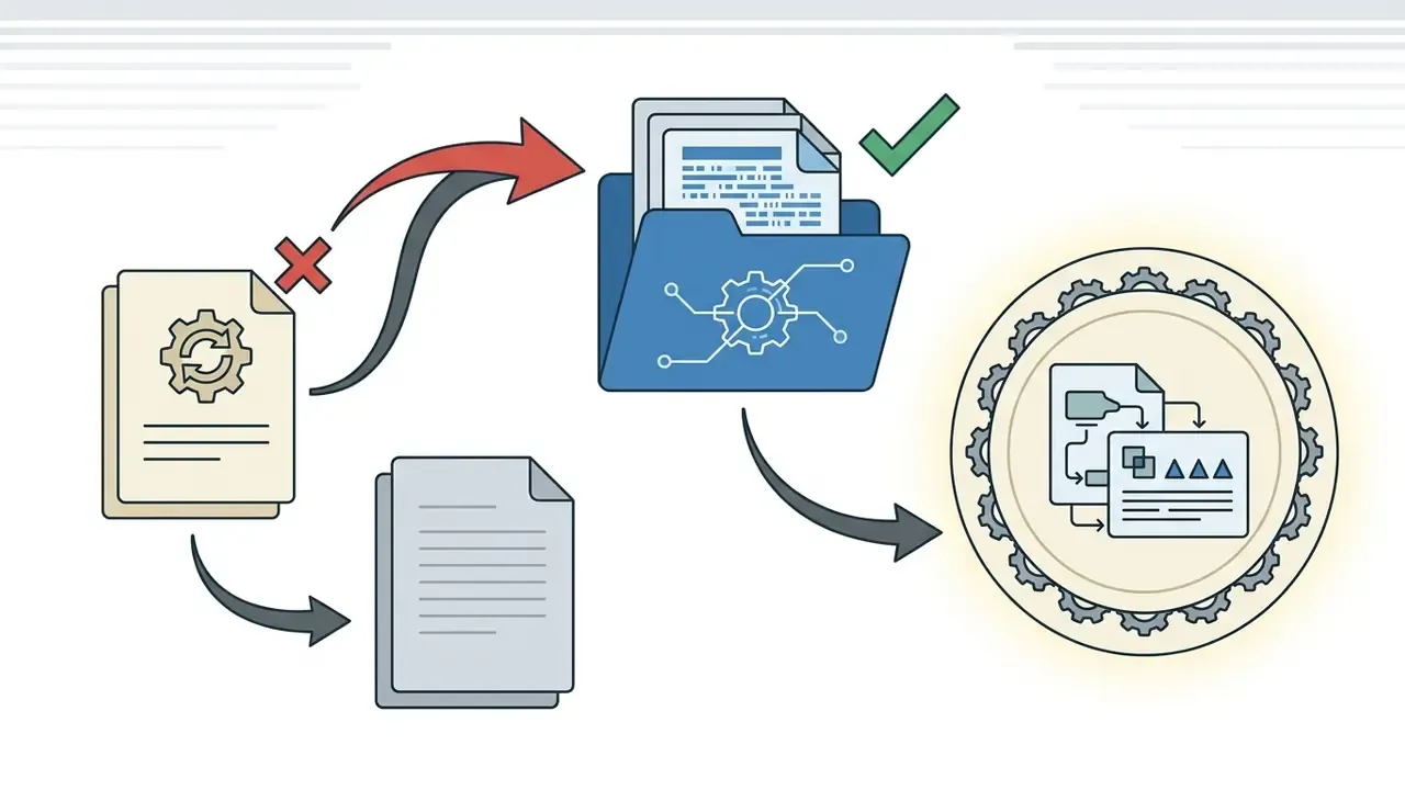 Red arrow redirecting a document with a gear icon toward a folder containing updated system card files