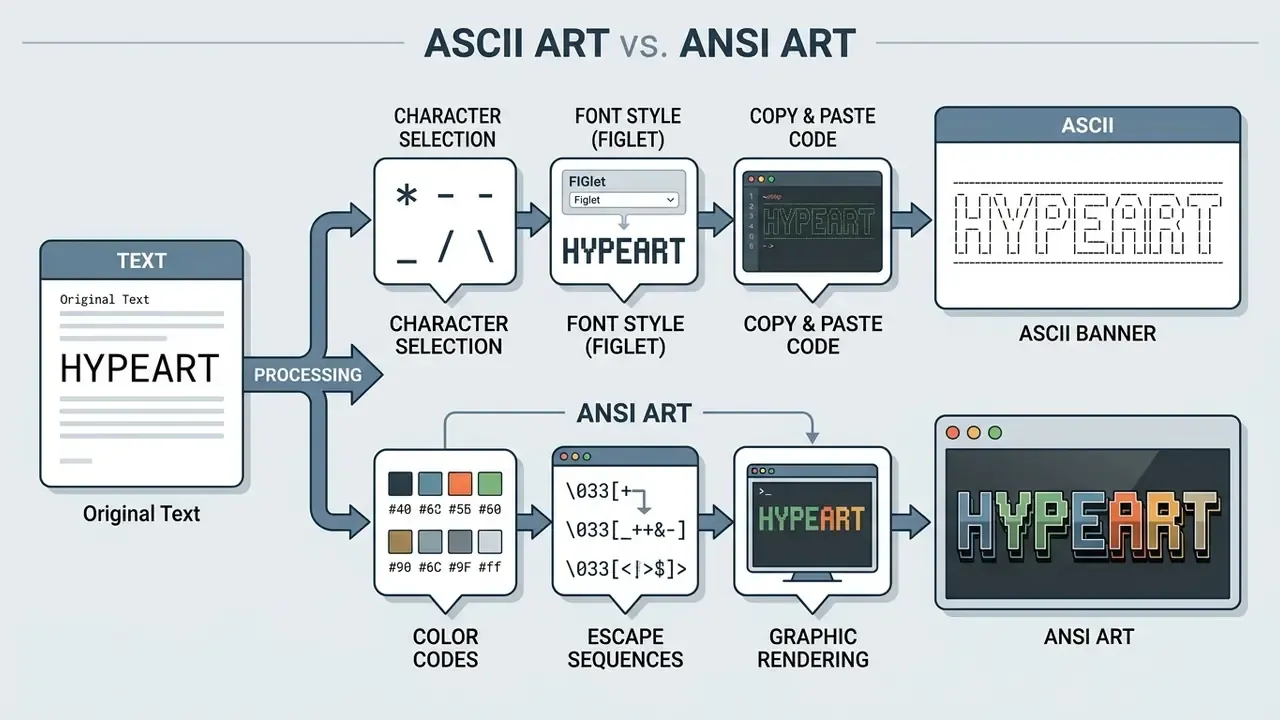 Flowchart comparing the transformation of plain text into either monochrome ASCII banners or colored ANSI art