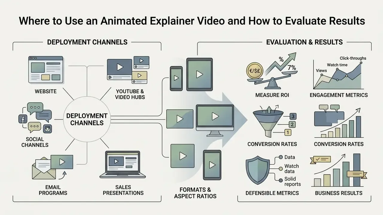 Diagram showing distribution channels, required aspect ratios, and methods for tracking performance